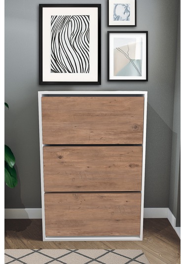 3 Bölmeli Ayakkabılık - Çam Ve Beyaz Çam-beyaz