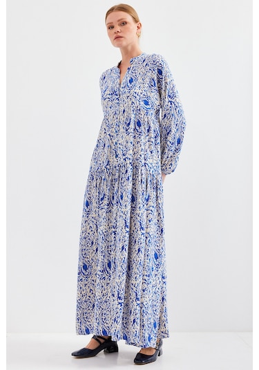 Bigdart Kadın Desenli Saks Viskon Tesettür Elbise 2423 001