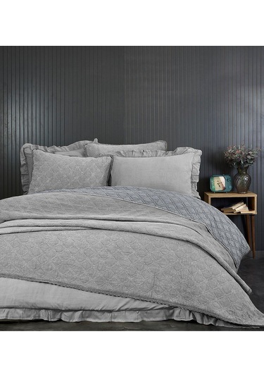 Evlen Home %100 Pamuk Çift Kişilik Özel Taş Yıkama Nevresimli Yatak Örtüsü Seti 7 Parça Yumuşak Barbara Gri