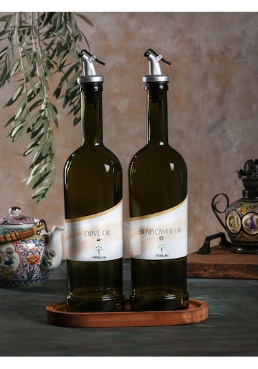 Ahşap Stantlı Amber 2'li 750 ml Zeytinyağı ve Sıvıyağ Yağdanlık Şişesi Ayçiçekyağı,Yağlık ea
