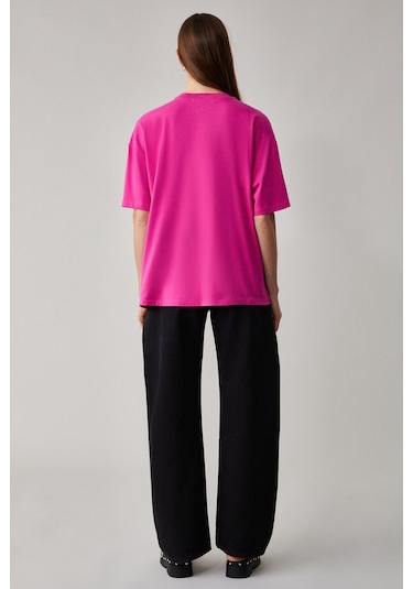 Jemmy Kadın %100 Organik Pamuk Relaxed Fit Yırtmaçlı Yuvarlak Yakalı Pembe T-Shirt