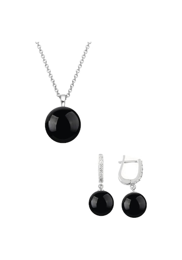 Gümüş Yuvarlak Model Kolye Küpe Siyah Oniks Taşlı Set 8 Mm