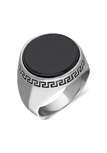 Yuvarlak Üstü Düz Siyah Oniks Taşlı Gümüş Erkek Yüzük