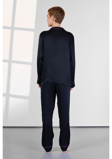 Kadın Uzun Kol Önden Düğmeli Saten Lacivert Pijama Takım C7t3n0o4 001
