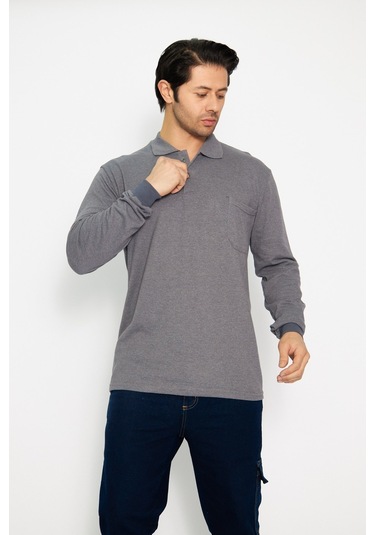 Orange Safety Koyu Gri Polo Yaka Uzun Kol Sweat T-shirt Kışlık