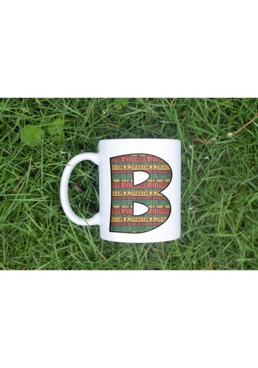 B Harfi Etnik Desenli Kupa - Afrika Tarzı Kahve Çay Kupası - Hediyelik - Black History Beyaz