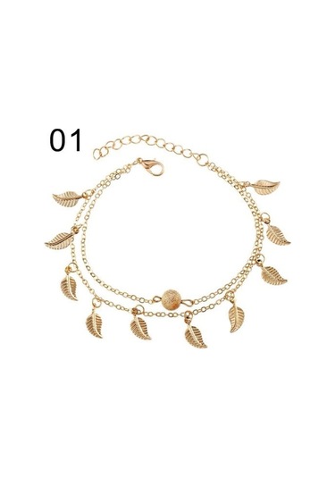 Gümüş Çift Katmanlı Yapraklar Charm Halhal Ayak Zinciri Yaz Kadın Sandal Ayak Bileği Bilezik Gümüş