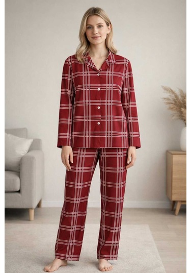 Tenra Kadın Pijama Takımı Licralı Boydan Düğme Bordo