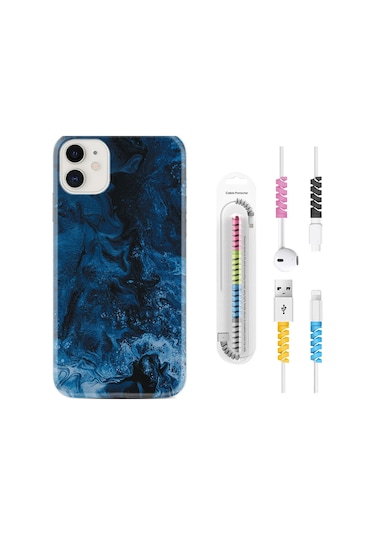 Apple Uyumlu iPhone 11 Kılıf Kablo Koruyuculu Blue Zigzag 1687