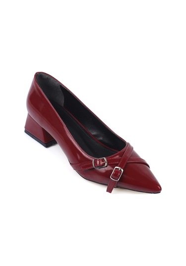 Shoetek Laura Kadın Stiletto Kalın Topuklu Çapraz Bantlı Tokalı Ayakkabı Bordo Rugan Bordo