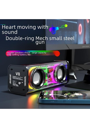 V8 Şeffaf Mecha Mini Bluetooth Hoparlör Subwoofer'lı
