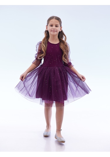 Ahengim Kız Çocuk Yıldız Baskılı Trend Tül Elbise Ak2246 Mor