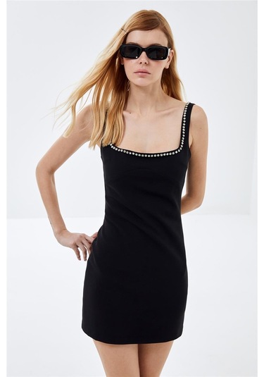 Siyah Kare Yaka Taş İşlemeli Mini Elbise-siyah Siyah