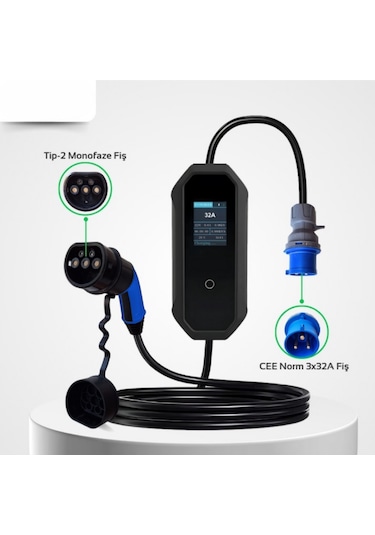 7 Kw 32A Tip-2 3X32A Fiş Monofaze Çantalı Dönüştürücü Kablolu Elektrikli Araba Taşınabilir Şarj Istasyonu 5 M Türkçe