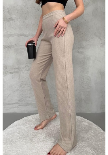 Kadın Vizon Yüksek Bel Fitilli Bol Paça Günlük İnce Eşofman Altı Vizon