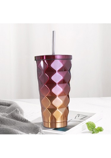 Kosona 500ml Mor Gradyan Diamond Desenli 304 Paslanmaz Çelik Vakumlu Isı Saklama Bardak, Pipet Ve Kapaklı, Ofis/seyahat İçin Diğer