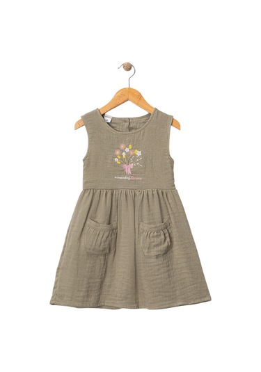 Çiçek Nakışlı Müslin Elbise Yeşil