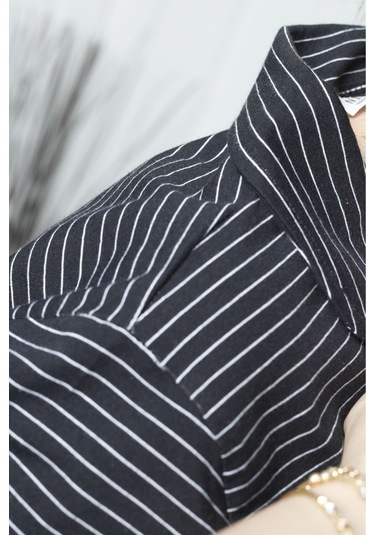 Kadın Şortlu Pijama Takımı Kısa Kollu Düğmeli Cepli Siyah Çizgili Siyah