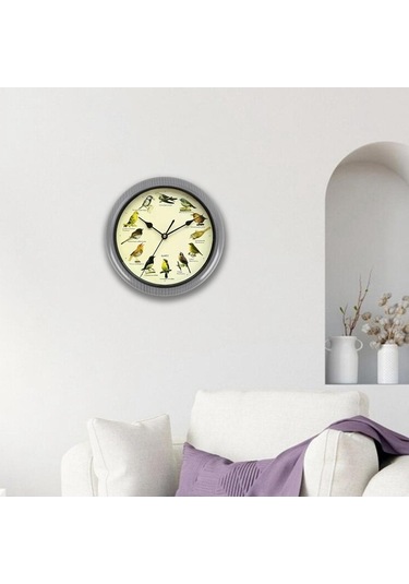 Pazly Suntek Ses Saati Pille Müzikal Kuşlar Gri-25cm Gri Duvar Çalışan 25cm Bz Çok Renkli