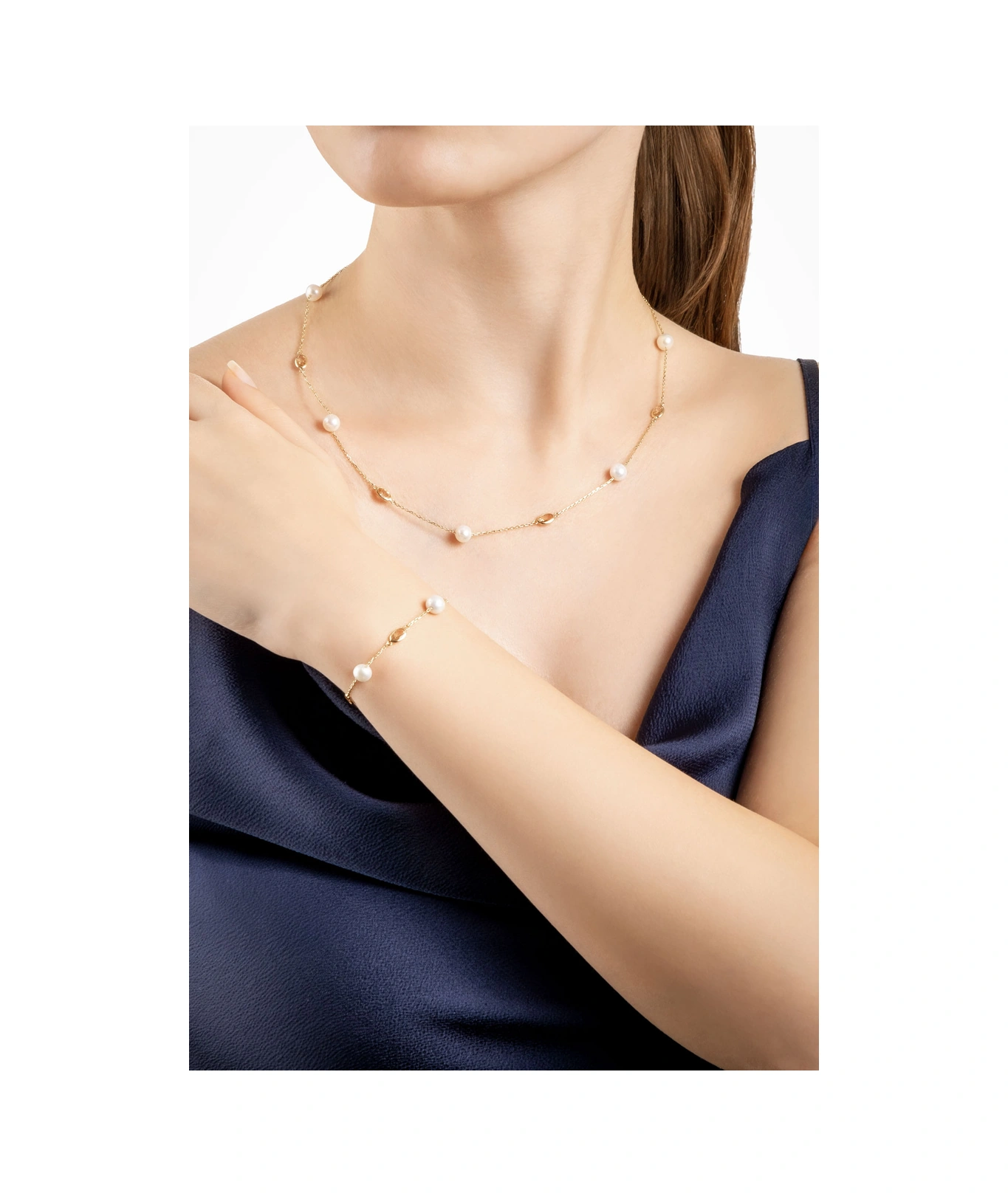 Doğal İnci Işıltısı 14 Ayar 45 Cm Sarı Altın Kolye Krem