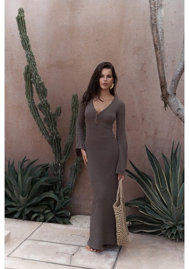 Ortensia Metal Detay Kahve Uzun Triko Elbise Kahve