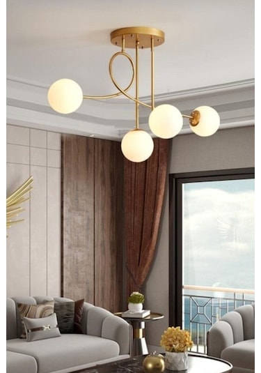 Eva Modern Mat Gold Kasa Beyaz Camlı Dörtlü Avize Gold