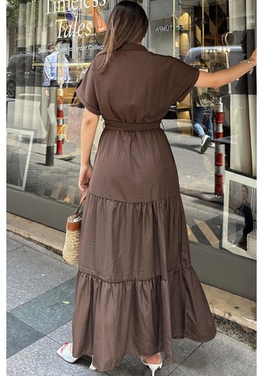 Kahve Kısa Kol, Airobin Kumaş, Yarım Patlı, Kemerli/kuşaklı, Eteği Pliseli, Cepli Maxi Uzun Elbise Kahve