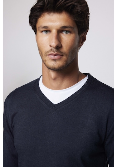 Tudors Slim Fit Dar Kesim V Yaka Tüylenmeyen Yumuşak Doku Lacivert Erkek Kazak-28767-lacivert Lacivert