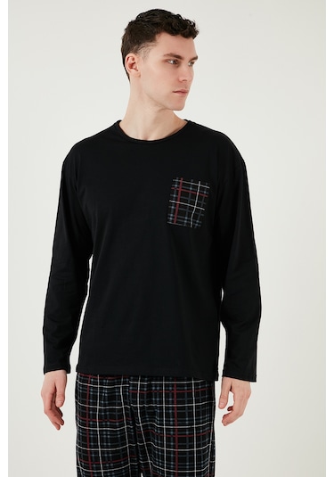 Buratti Ekoseli Cepli Beli Lastikli % 100 Pamuk Regular Fit Erkek Pijama Takımı 6572001 Siyah-Füme