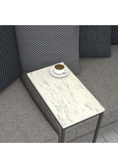 Callen Beyaz Mermer Yan Sehpa & Tekerlekli Servis Sehpası Metal