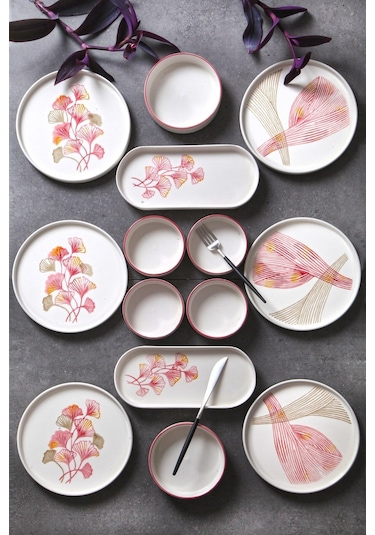 Kitchen Life 14 Parça 6 Kişilik Ginkgo Stackable Kahvaltı Takımı - Kahvaltılık Ekru Pembe Fuşya
