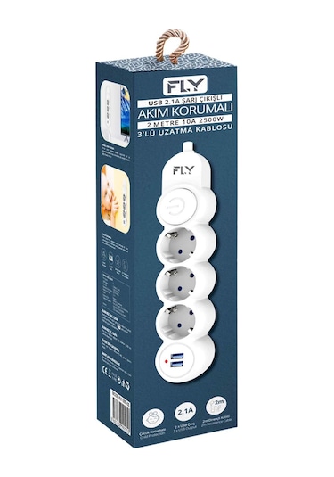 Fly Akım Korumalı Priz 3'lü, 2 Metre, 2 Usb 2.1a 2 M