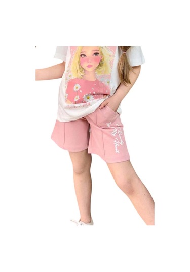 Riccotarz Kız Çocuk Papatya Ve The Beauty Yazı Baskılı Penye T-shirt Pudra Şortlu Takım Pudra