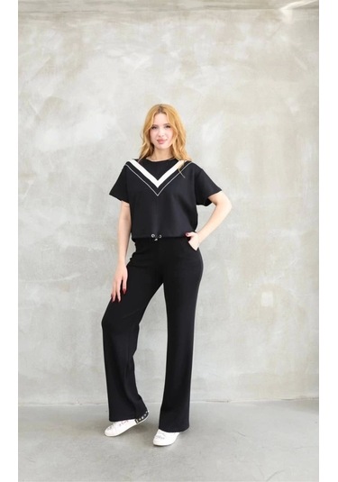 Osy Modal Yumuşak Dokulu Kumaş Bisiklet Yaka Parçalı Detaylı Kısa Kollu Takım - Siyah Siyah