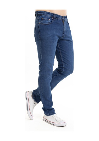 Yeni Sezon Erkek Dört Mevsimlik Likralı Regular Tam Kalıp Düz Paça Fermuarlı Yüksek Kaliteli Kot Pantolon 720-Mavi