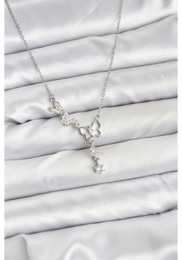 316l Çelik Zincir Gümüş Renk Kelebek Model Kadın Kolye Renkli