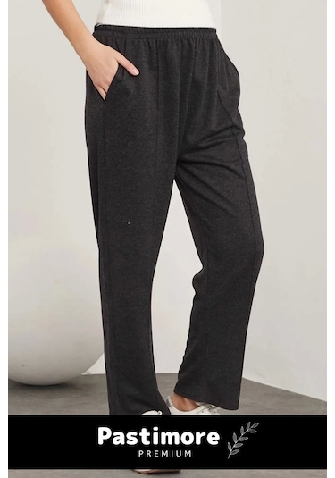 Yeni Sezon Terletmez Rahat Kalıp Beli Lastikli Bol Paça Salaş Yandan Cepli Ecrin Yünlü Pantolon Siyah