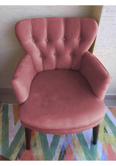 Kayser Home Berjer - Tekli Koltuk - Düz Renk Babyface Kumaş - Ahşap Ceviz Ayak - Gül Kurusu Gül Kurusu