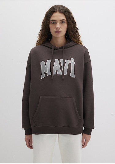 Mavi - Mavi Logo Baskılı Kapüşonlu Kahverengi Sweatshirt 1600361-70222 Kahverengi