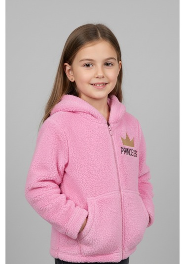 Princess Yazılı Taç Nakışlı Pembe Pelüş Kapüşonlu Kız Çocuk Hırka Pembe