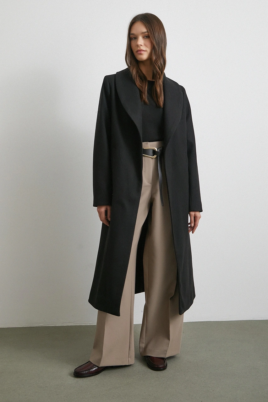 Kuşaklı Kaşe Kaban Siyah Siyah