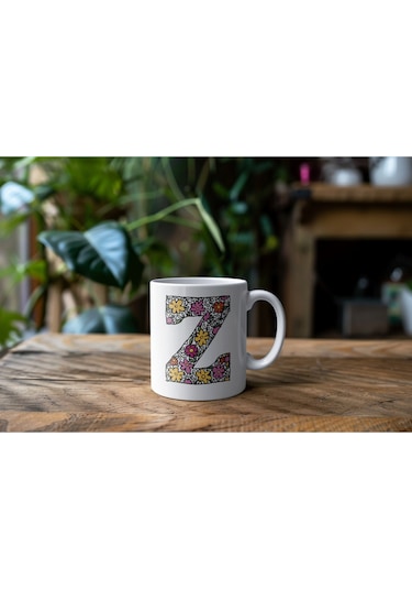 Z Baş Harf Çiçek Desenleri İle Natural Tarz Kupa Bardak - Kişiye Özel Çiçekli Kahve Çay Bardak - Beyaz