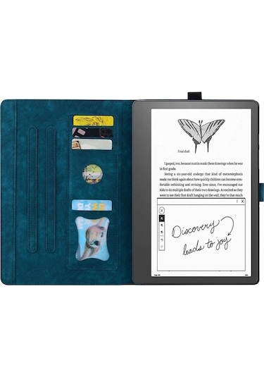 Suofeng Kindle Scribe 10.2" 2022 İçin Deri Korumalı Kılıf - Basılı Kart Tutucu Ve Stand Özellikli Mavi Tablet Kılıfı
