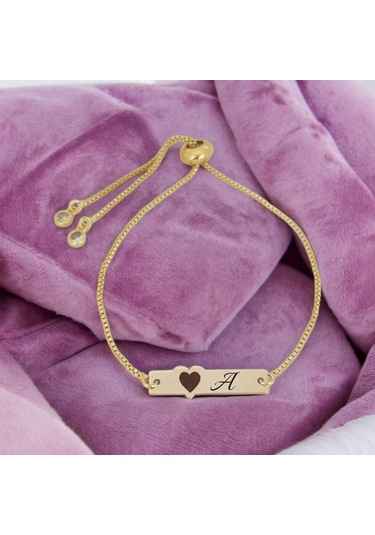 Archin A Harfine Özel Zincirli Kalp Motifli 14 Ayar Altın Plakalı Hediye Bileklik-432harf A