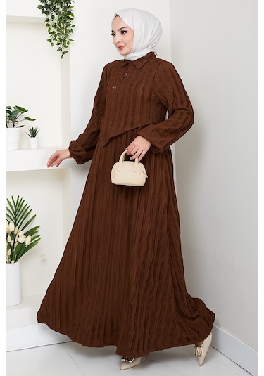 Çapraz Bağlamalı Bürümcük Elbise 1617 - Kahve Kahve