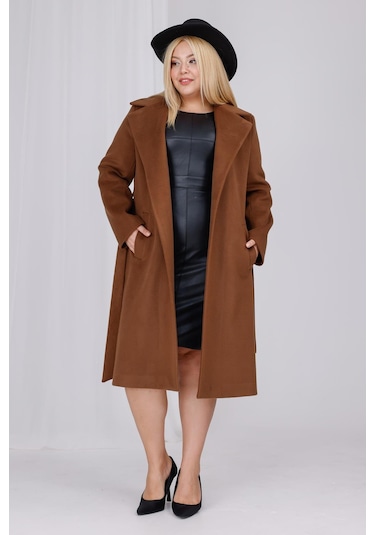 Kadın Kahve Yün Kaşe Kemer Ve Astar Detay Büyük Beden Kaban Kahverengi