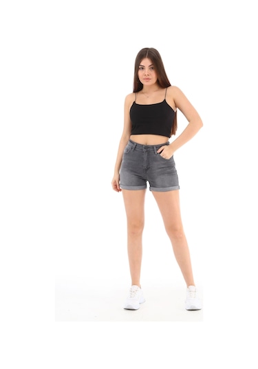 Cedy Denim Kadın Yüksek Bel Duble Paça Kot Şort Klasik Mini Jean Şort C604 GRİ