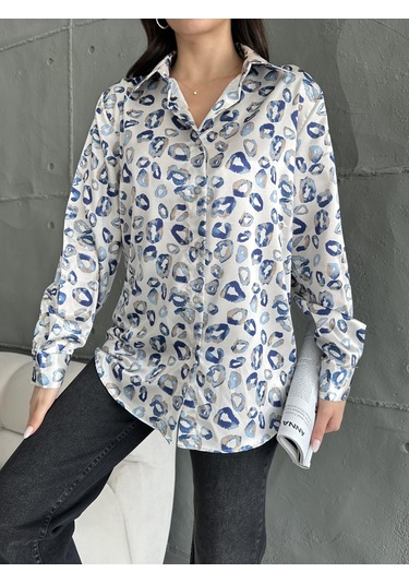 Kadın Oversize Ekru Renk Mavi Öpücük Detaylı Saten Gömlek-mavi Mavi