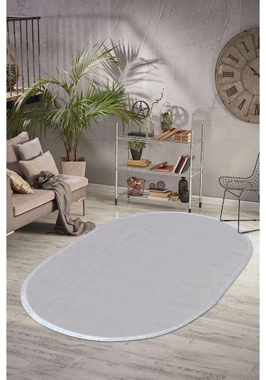 Comfort Puffy Oval Düz Saçaklı Peluş Halı Gri