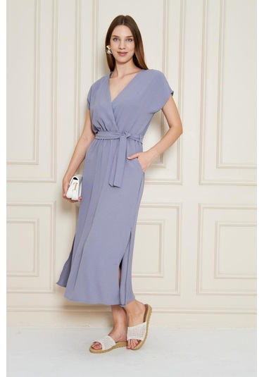 Kadın Kruvaze Yaka Cepli Derin Yırtmaçlı Beli Lastikli Aerobin Günlük Yazlık Elbise 3764341 Gri